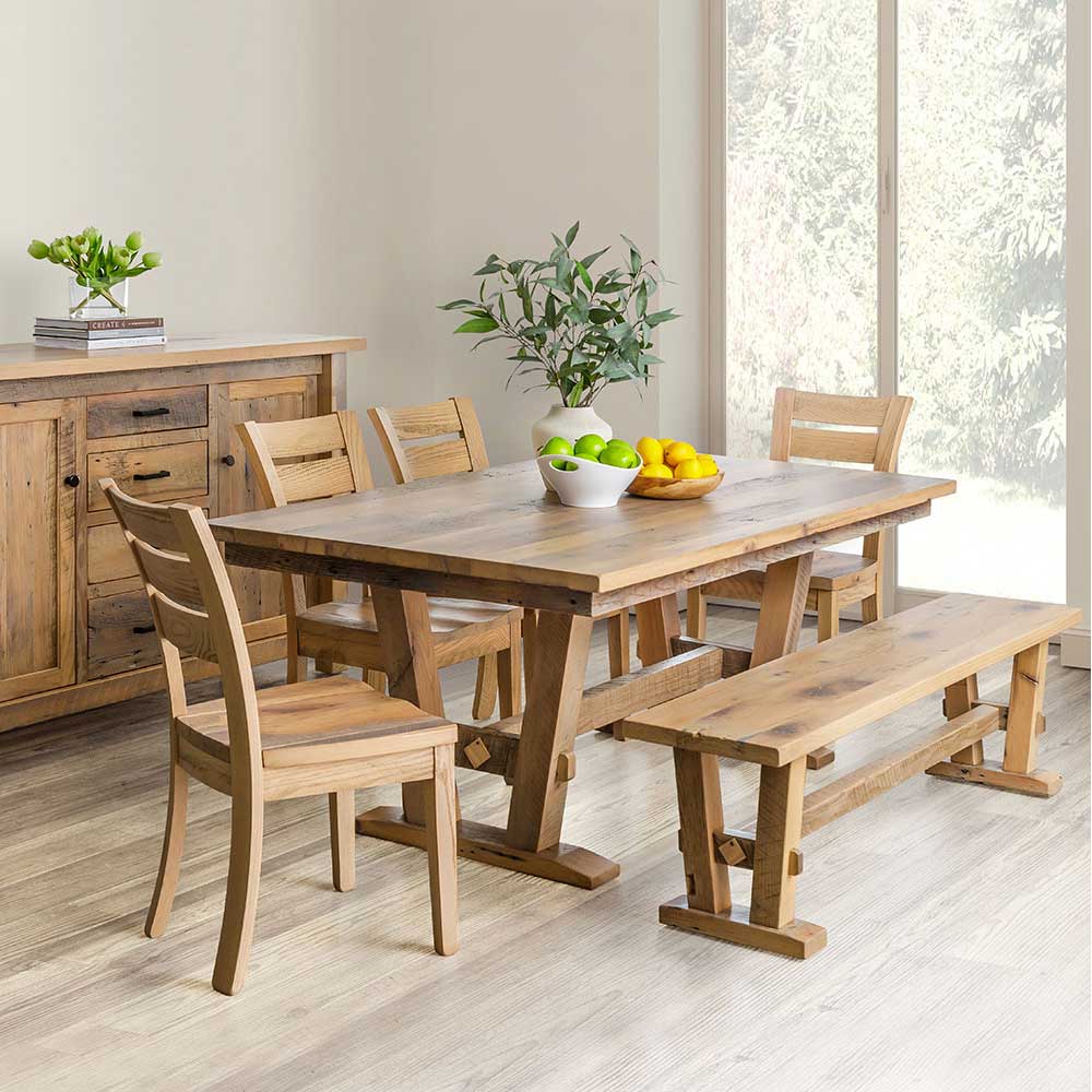 Amish Rustic Barnwood Staunton 72&quot; Trestle Table &amp; Chair Set for 6 with Bench