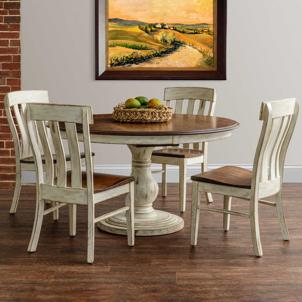 Amish 54 Rustic Round Raleigh Pedestal Dining Set with 4 chairs snyders. furniture