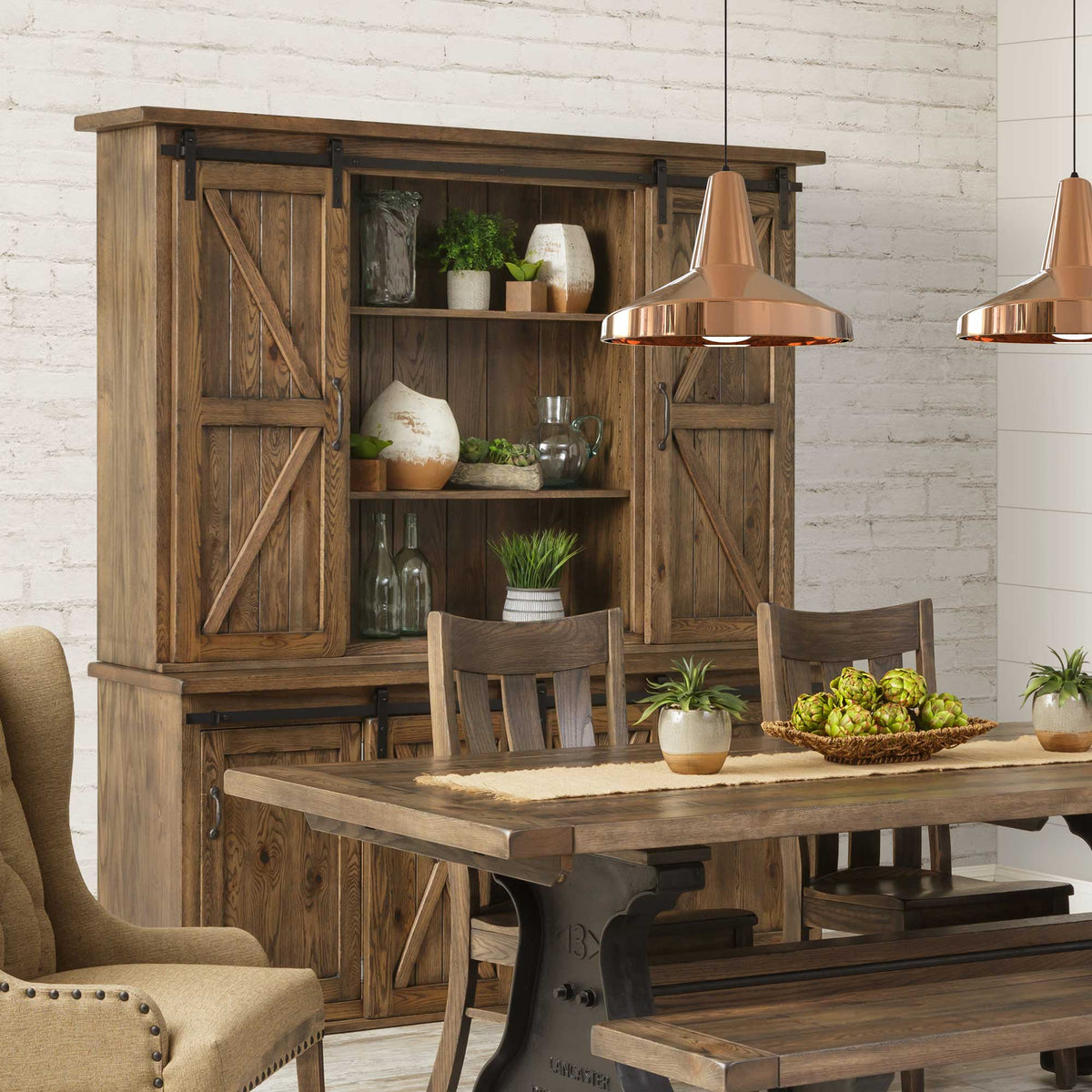 Amish Rustic Pierre Sliding Barn Door Dining Hutch